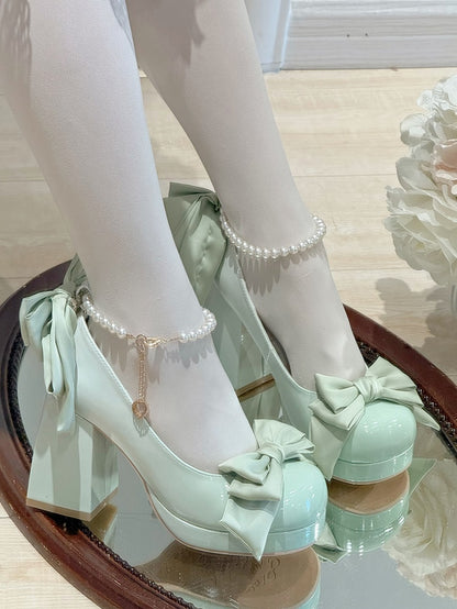 Green Sweet Toe Bowknot Lolita Platform Janes Round Mary Shoes Details