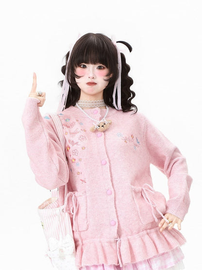 with Daily Cardigan Ruffled Hem Kawaii Pink/Apricot