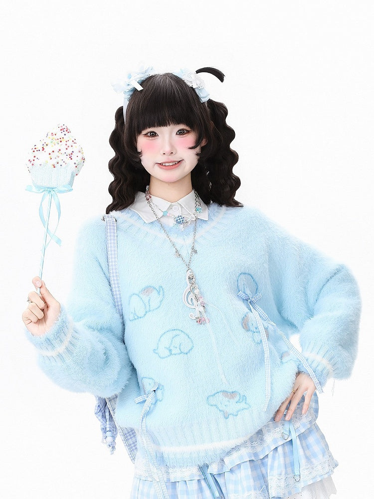 with Pattern Kawaii Dog V-neck Daily Clips Bow-shaped Yellow/Blue Sweater