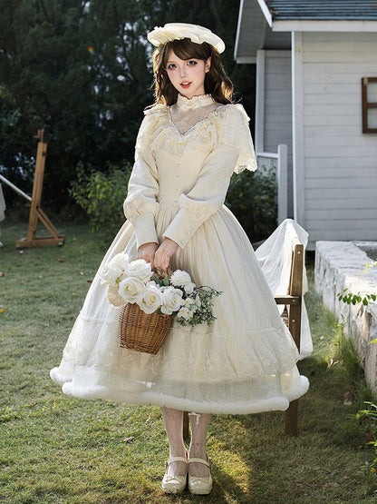Dress Neck Embroidery Sleeves Edward Long Creamy Lolita Camellia Elegant with