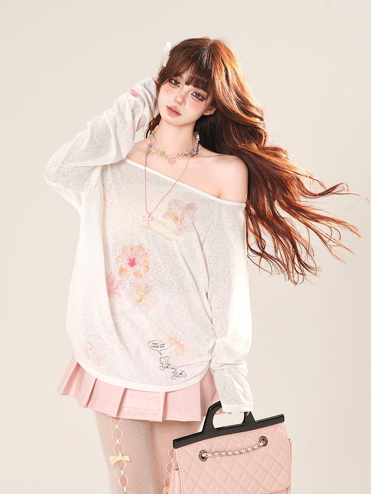 Coverup White Off-the-shoulder Neckline Floral Print Semi-sheer