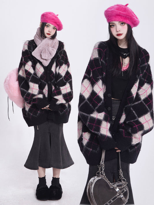 Mink Black Faux Diamond V-Neck Vintage Knit/Brushed Pattern Version Cardigan