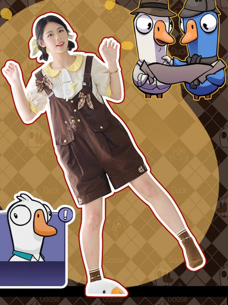 Dunkelbraune karierte Latzshorts mit Schleifendetail