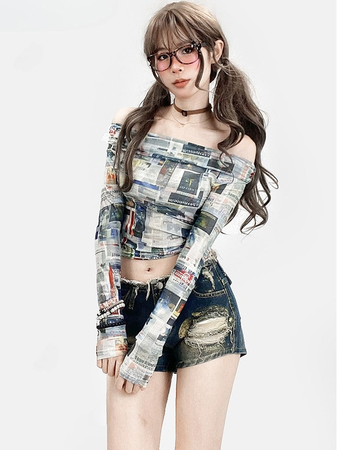 Sleeve Y2K Long Print Colorful Newspaper Top Glamorous Neckline Off-the-shoulder