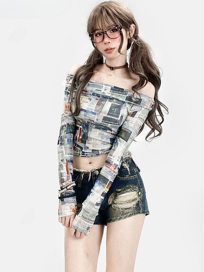 Sleeve Y2K Long Print Colorful Newspaper Top Glamorous Neckline Off-the-shoulder