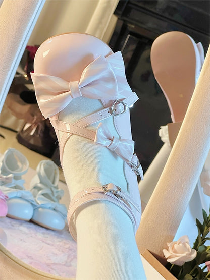 Heel Heart - Bows Light Pink Buckles Striped Lolita with Mid PU Shoes