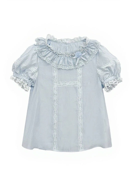 Light Blue Sheer Short-Sleeve Crew Neck Tencel Blouse with Lace - Yimu Walnut