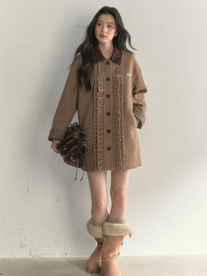 Brown Cuffs with Plaid Coat Sweet Details Ruched Houndstooth