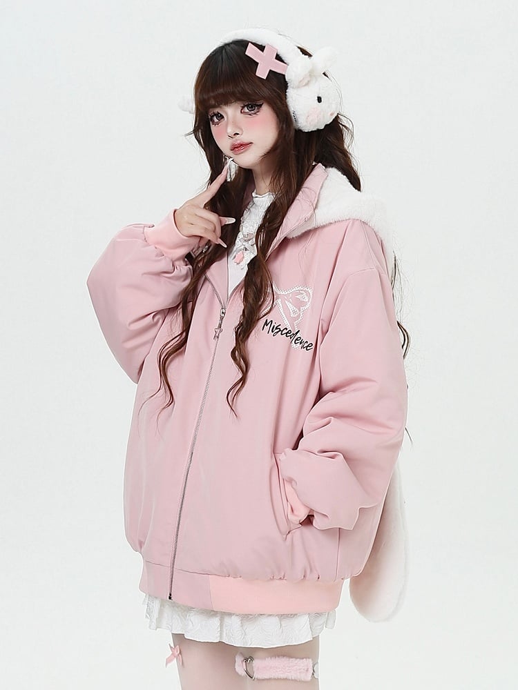 Print Ear Jacket with Hood Detachable Graffiti Thick Bunny Pink