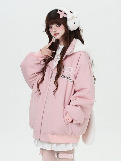 Print Ear Jacket with Hood Detachable Graffiti Thick Bunny Pink