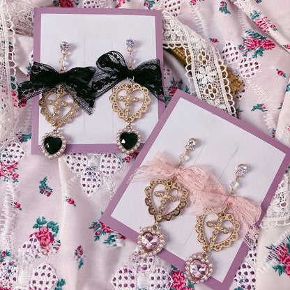 Pendant Heart 2 Bow Studs with Ear Lace Cross Options