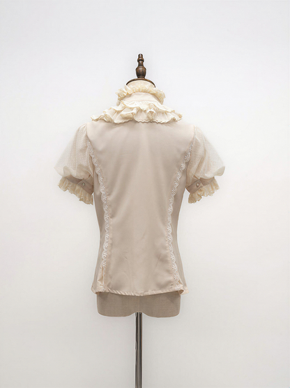 Short Sleeve Lace Blouse with Bead and Bow Accents - NnSTAR
