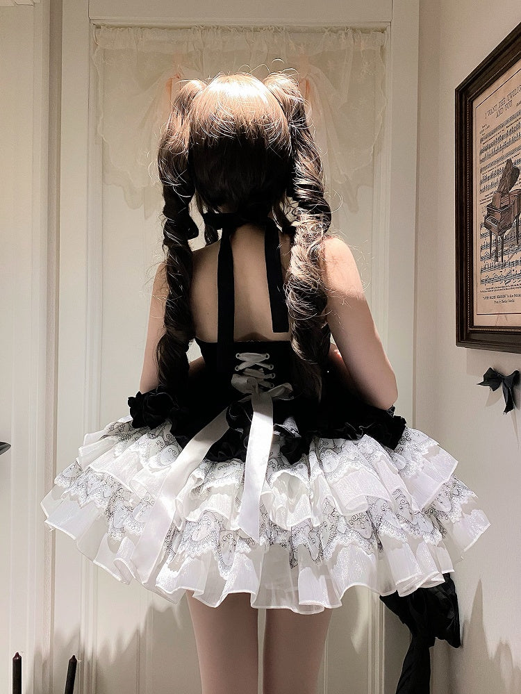 Balletcore Schwarzes Neckholder-Kleid mit weißem Prinzessinnen- und Lolita-Ausschnitt