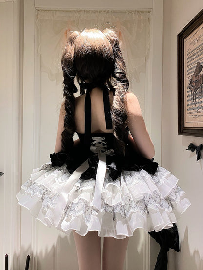 Balletcore Schwarzes Neckholder-Kleid mit weißem Prinzessinnen- und Lolita-Ausschnitt