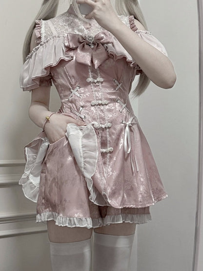セット - ショートパンツ、蝶ネクタイネックライン、ベルスリーブ、イリュージョンチャイナドレス、ミニドレス、ダスティジライスタイル、ピンクケイ