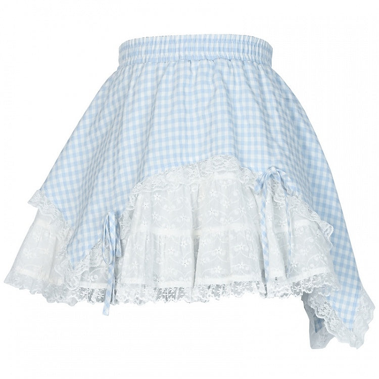 Contrast Lace Patches Blue Plaid Elastic Waist Bowknot Details Skirt