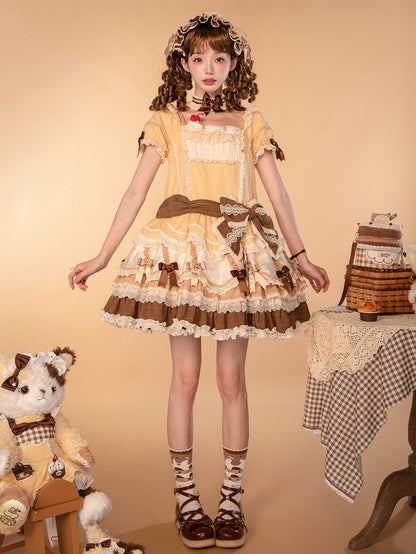 Details Yellow Waist Dropped Layered Hem Bowknot Lolita Dress Sweet