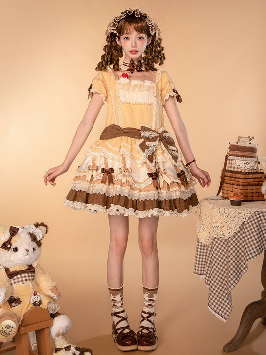 Details Yellow Waist Dropped Layered Hem Bowknot Lolita Dress Sweet