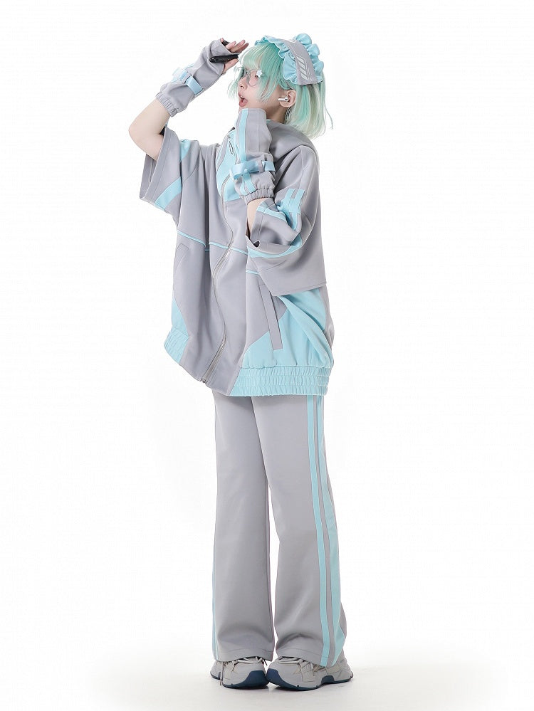 Hoodie Green and Gray Jirai Kei Techwear Straps Design Short Zipper Sleeves