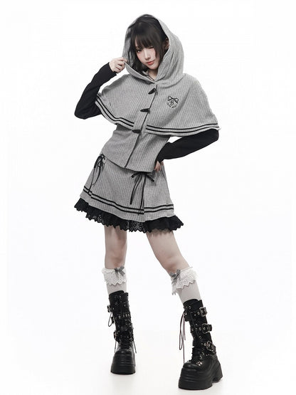 Vintage Kawaii Grey Hooded Cape Long Sleeve Top with Embroidery Accents - PINK SAVIOR