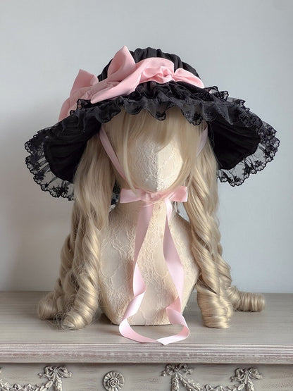 Pink Adorned Bowknots Ruffled Hat Lolita Black with