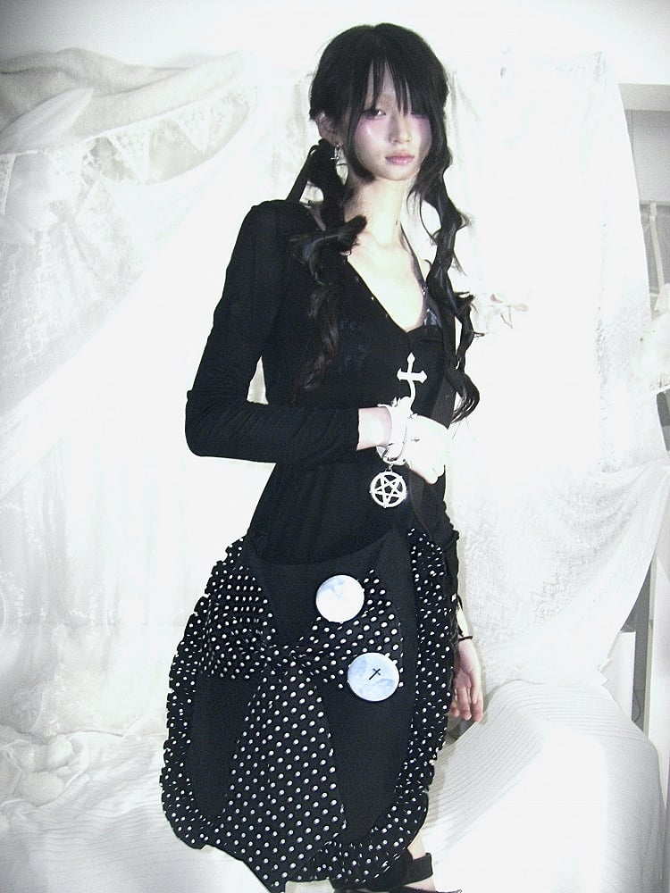 Multiple White Polka Oversized Bow Kawaii Black Pockets Crossbody Dot Bag with