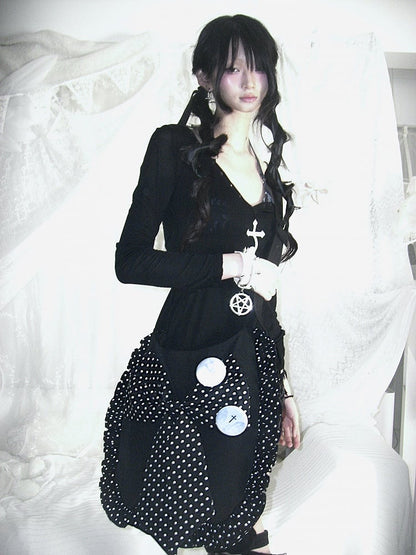 Multiple White Polka Oversized Bow Kawaii Black Pockets Crossbody Dot Bag with