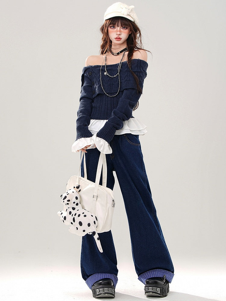 Marineblaue, karierte Patchwork-Jeans mit weitem Bein und Bund