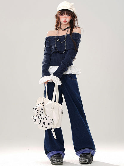 Marineblaue, karierte Patchwork-Jeans mit weitem Bein und Bund