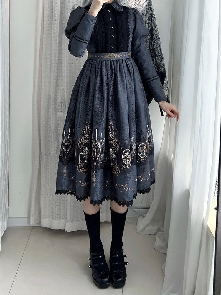Lolita with Bat Juliette Wings Candelabras Sleeves Print Gray Dress Gothic