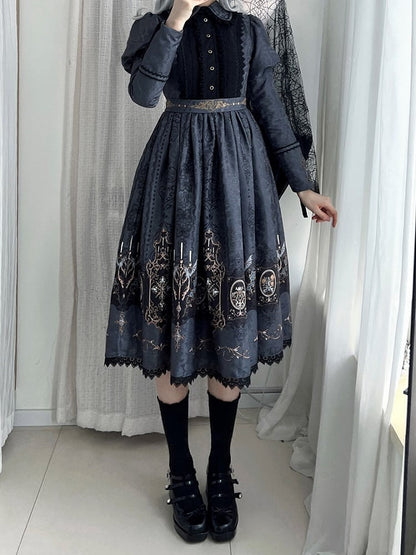 Lolita with Bat Juliette Wings Candelabras Sleeves Print Gray Dress Gothic