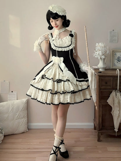 黒とベージュのエレガントなスリムフィットウエストティアードスカートロリータジャンパースカート