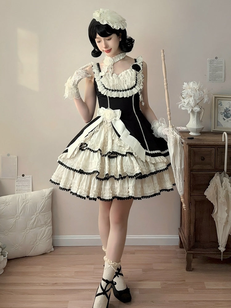 Jumper Beige Lolita Black Fit and Skirt Elegant Tiered Slim Waist