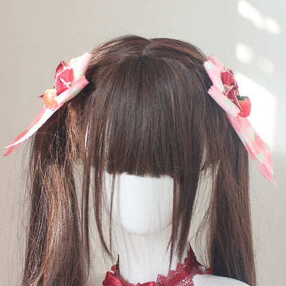 Pink Strawberry Print Bowknot Hairclips