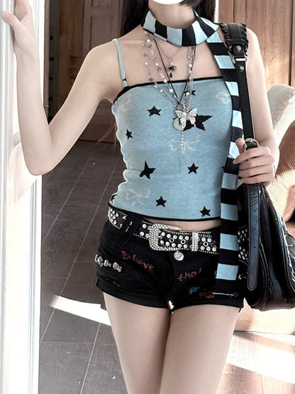 Gestreifter Schal Y2K Blaues Cami-Top mit Stern- und Schleifendruck