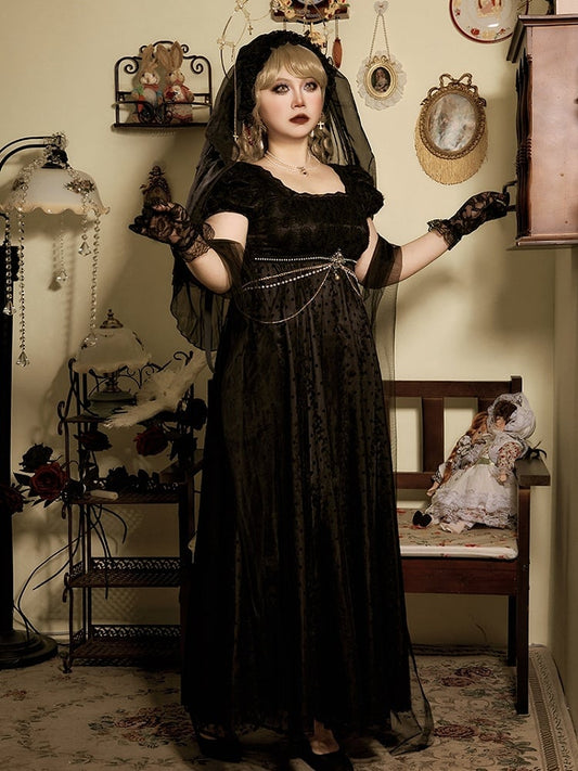 Stück Plus Quadrat Verfügbar Vintage One Lolita Elegantes Kleid Taillengrößen Ausschnitt Empire Schwarz