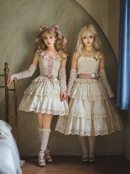 Beige Multi-layer Ruffles Elegant Lolita Skirt Floral Embroidery Details - Miss Point