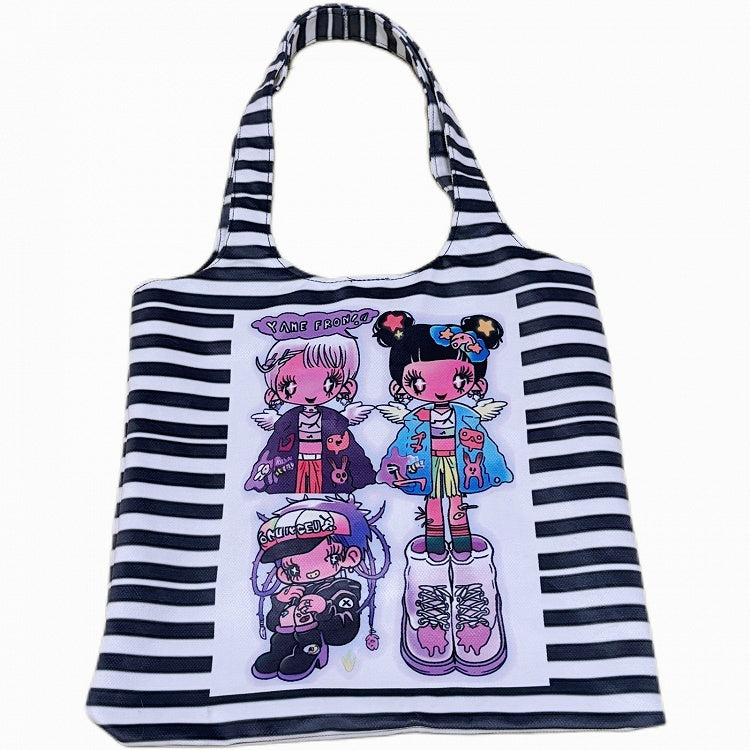 Pattern Canvas Shoulder Black Print Cartoon Y2K Bag Striped