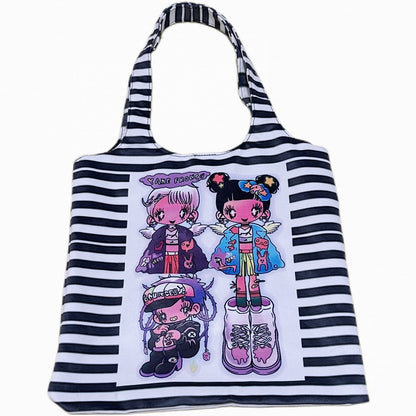 Pattern Canvas Shoulder Black Print Cartoon Y2K Bag Striped