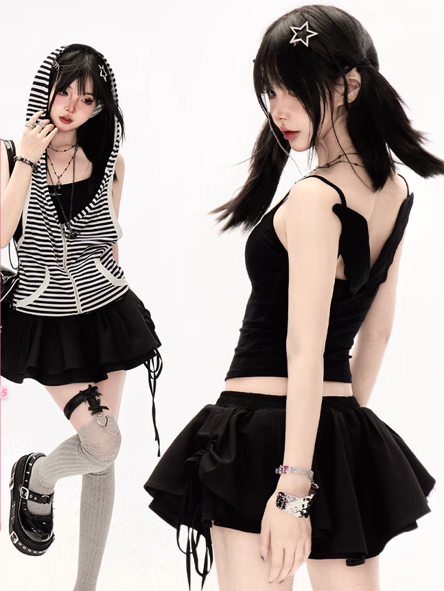 Waist Mini Tiered Skirt Black Low
