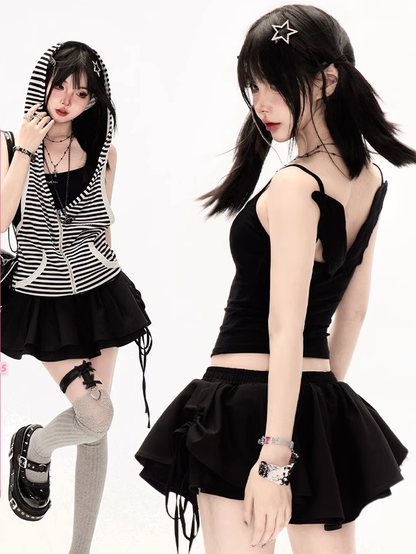 Waist Mini Tiered Skirt Black Low