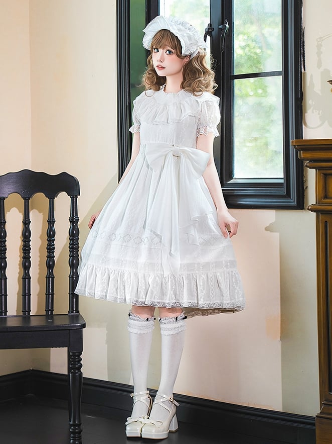 Weißes Lolita-Taille-Shiro-Kleid mit hohen Puffärmeln aus Baumwolle