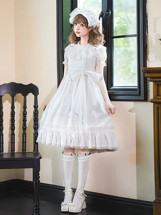 Weißes Lolita-Taille-Shiro-Kleid mit hohen Puffärmeln aus Baumwolle