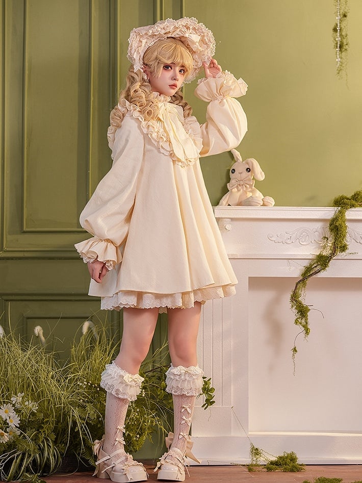 Beige Ärmel Rüschen Langes Kleid Baumwolle Schleife Süß Großer Hoher Lolita Hals