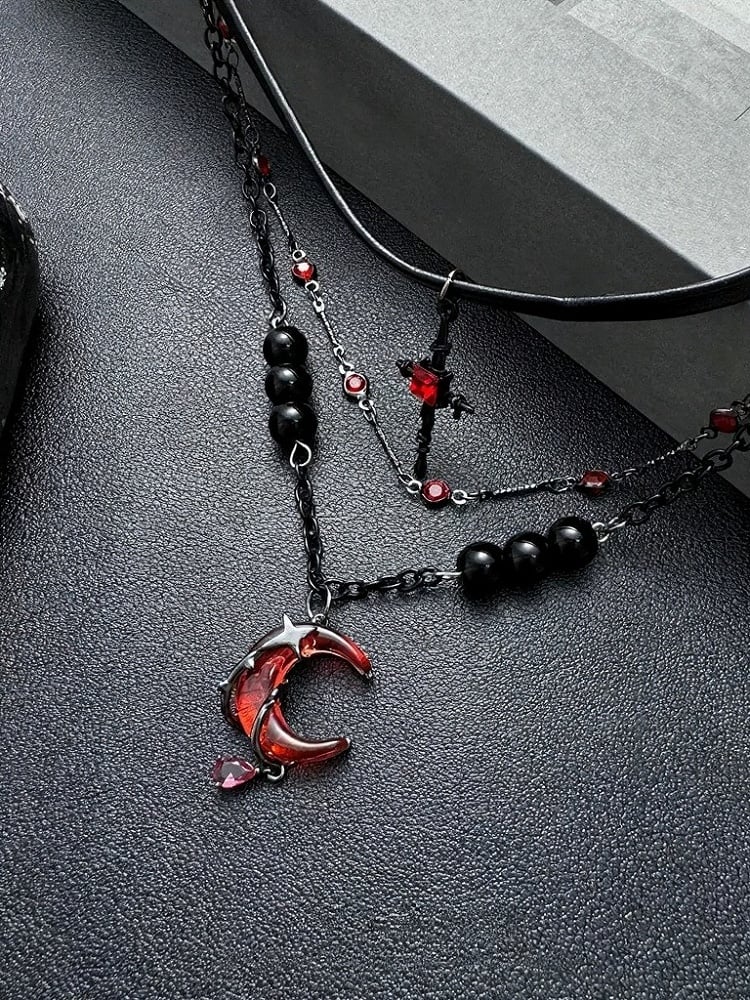 Beaded Layered Gothic Necklace with Red Moon - YSHXS