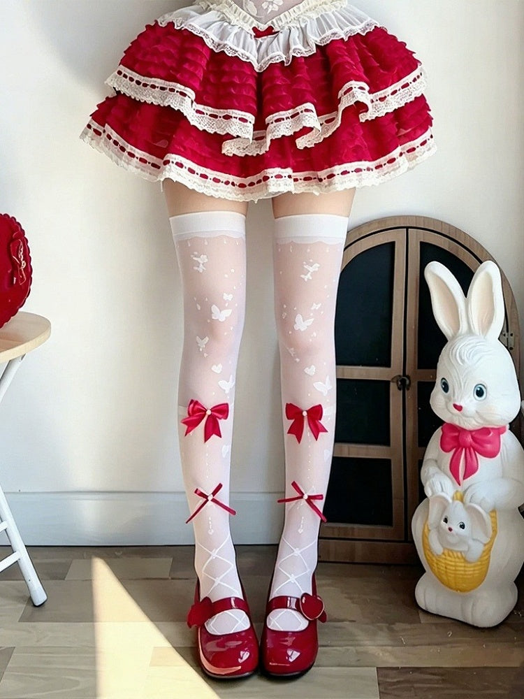 Lolita Overknee Stockings with Butterfly Print & Bows, 4 Colors - Milkcat Studio