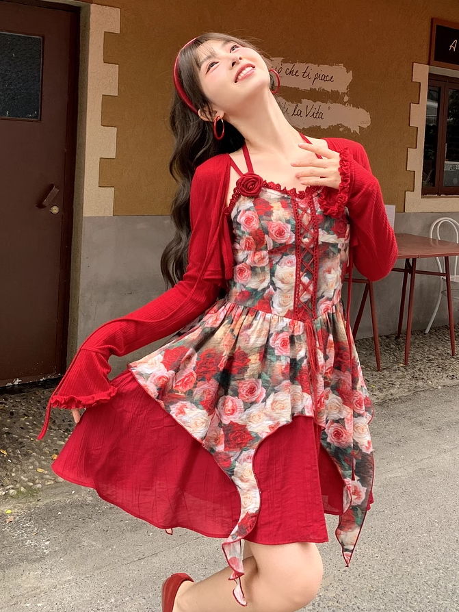 Front Red Rosette Print Cascading Ruffles Lace-up Cami Dress