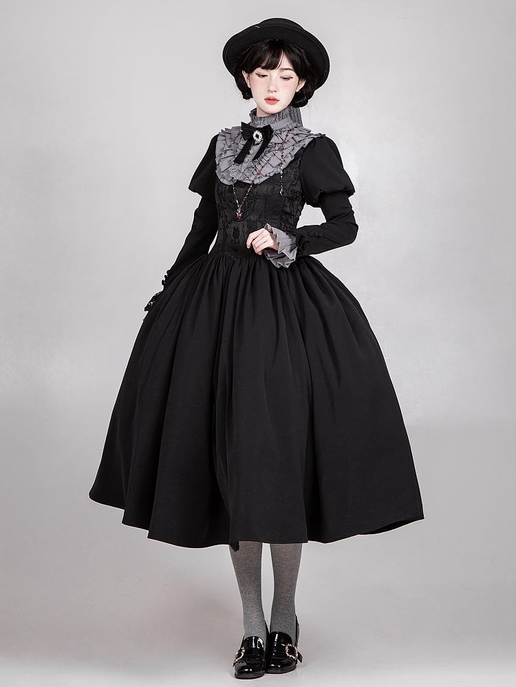 Gray Ruffled High Neck Collar + Bowtie + Detachable Pleated Cuffs