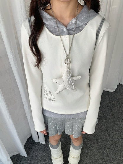 Hooded Patchwork Wings White Y2K Rhinestone Polka Top Dot Design with Two-piece