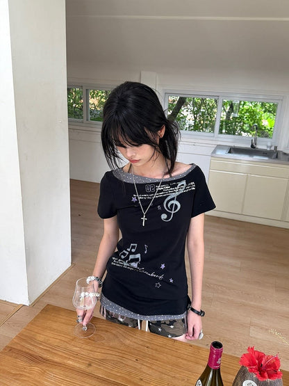 Two-Piece Asymmetrical Fake Shoulders with Dot T-Shirt Polka Black